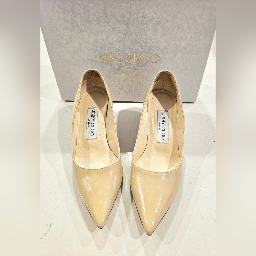 Jimmy Choo Nude Patent Kitten Heel Pumps